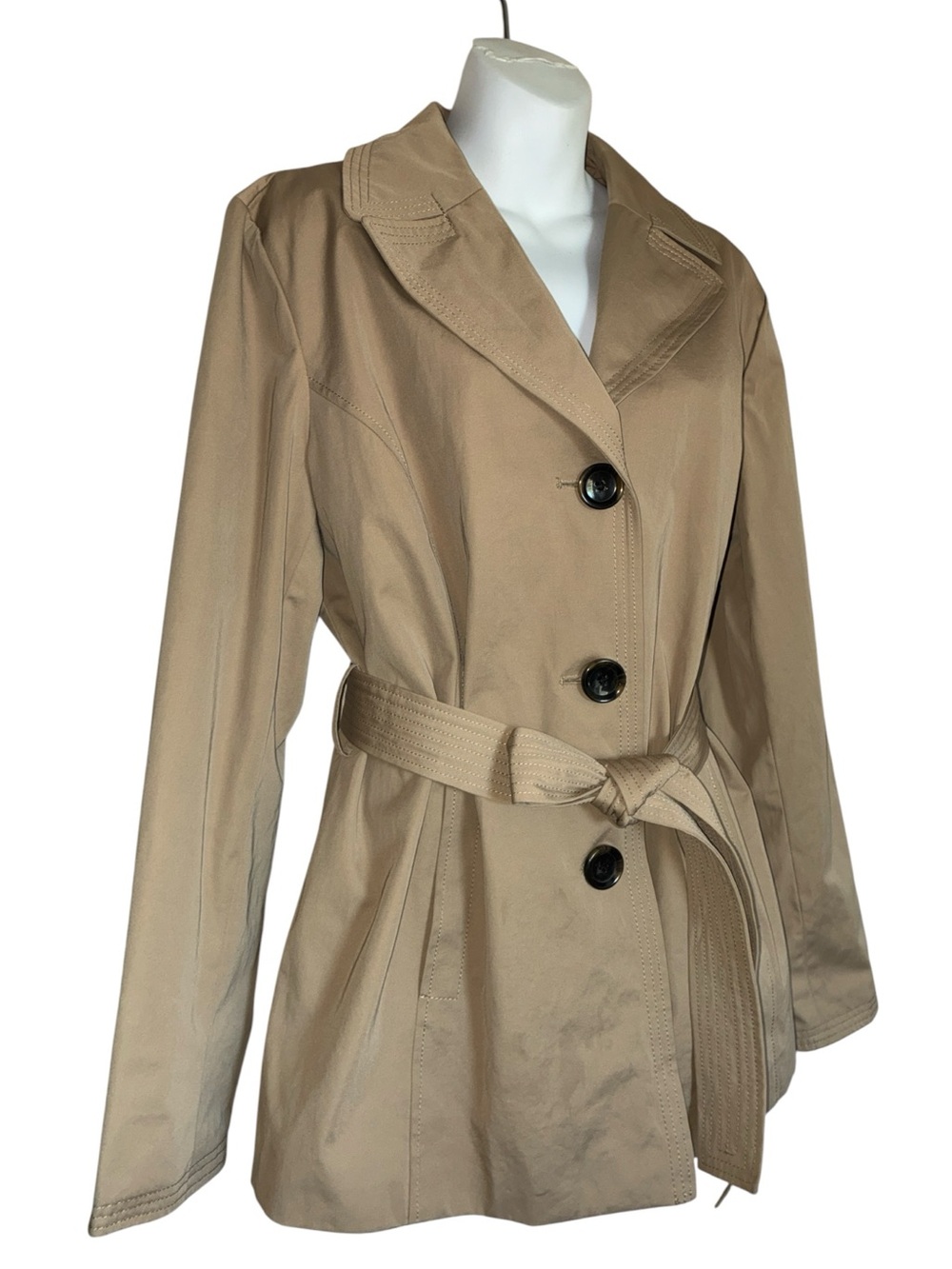 Ellen Tracy Trench Coat, Women's XL, Tan,  Belted, Triple Topstitch, Pockets EUC